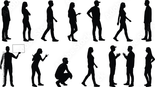 People silhouettes collection, men and women walking, standing, talking and posing, human interaction characters set, casual lifestyle vector illustration