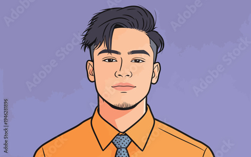 Young man looks directly at the viewer with dark hair styled neatly in front of a purple background. He wears an orange shirt and tie.
