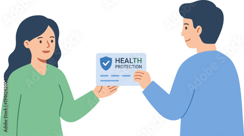 A woman and man exchange health protection documents in an office setting.
