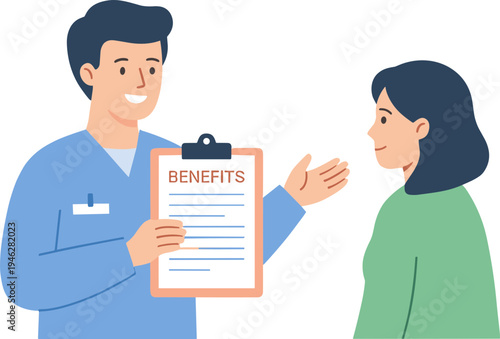 A man in blue scrubs discusses benefits with a woman.