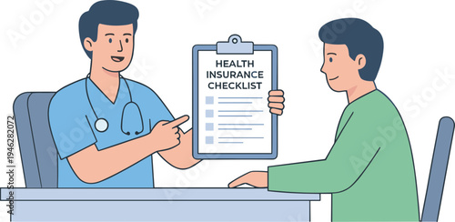 Doctor explaining health insurance checklist to patient in clinic