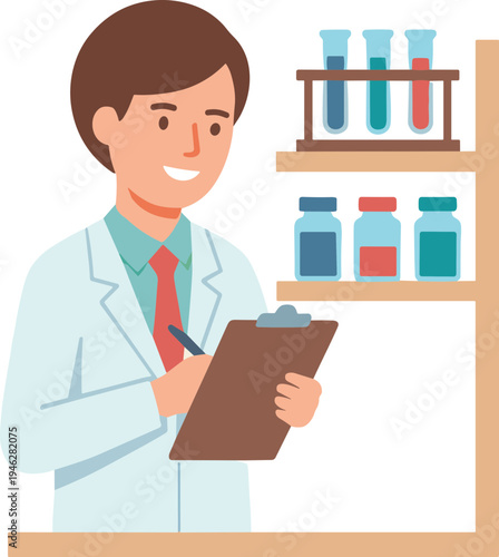 A scientist examines a clipboard while standing next to a laboratory shelf with test tubes and bottles.