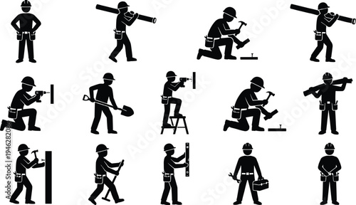 Construction worker silhouettes collection, builders drilling, hammering, carrying pipes, measuring level, repairing structures, industrial labor activities vector illustration set