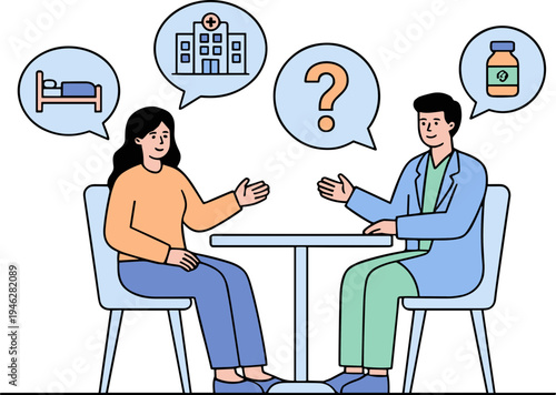 Doctor and patient discussing health issues at a table with medical symbols