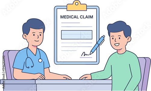 Doctor and patient discuss medical claim form at desk