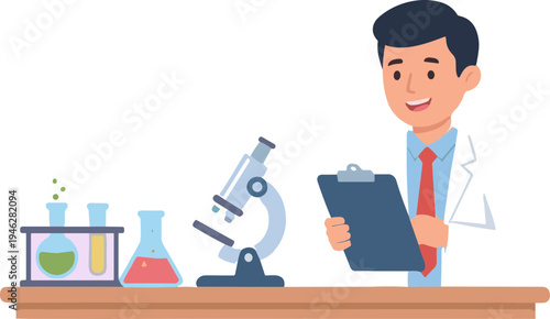 Scientist examining colorful liquids in laboratory equipment with clipboard