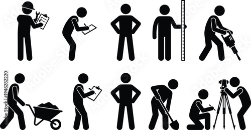 Construction worker silhouettes set, builder measuring, drilling, surveying with tripod, pushing wheelbarrow, digging with shovel, industrial labor job activities