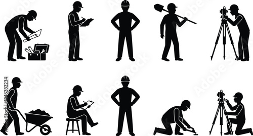 Construction worker silhouettes set, builder measuring, surveying with tripod, carrying shovel, pushing wheelbarrow, repairing tools, industrial labor job activities