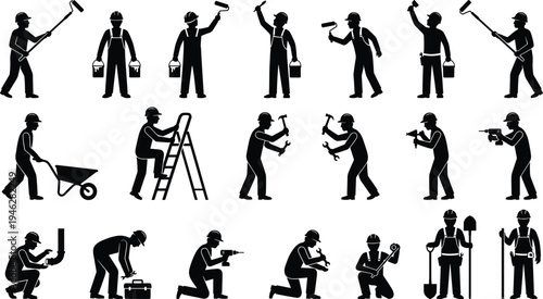 Construction worker silhouettes set, builders painting wall, drilling, carrying ladder, tools and equipment, industrial labor teamwork, maintenance and repair job activitiesConstruction worker silhoue