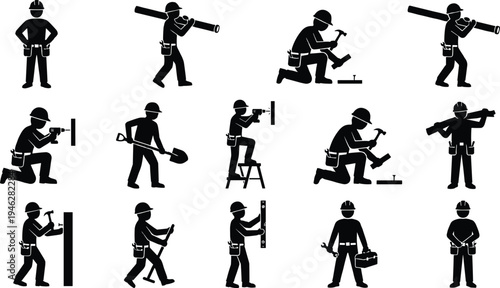 Construction workers silhouettes collection, builders drilling, hammering nails, carrying pipes, measuring level, repairing structures, industrial labor vector illustration set