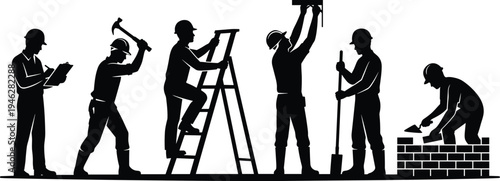 Construction workers silhouettes collection, builders hammering nails, climbing ladder, installing beam, digging soil, bricklaying industrial labor vector illustration set