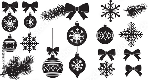 Black and white Christmas ornaments and decorations set