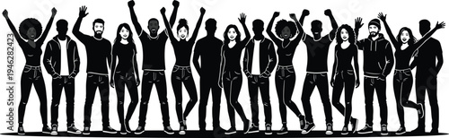 Diverse people silhouettes crowd, multicultural men and women celebrating with raised hands, community unity, teamwork, social gathering vector illustration
