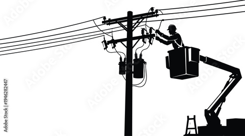 Electric lineman worker silhouette repairing power line on utility pole, bucket truck maintenance, electrical service technician vector illustration