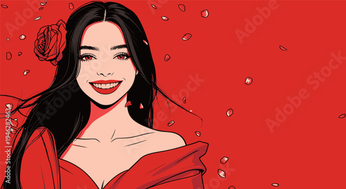 A woman smiles while wearing a red dress and a rose in her hair. Red petals float around her in a joyful scene.