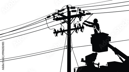 Electric lineman worker silhouette repairing power lines on utility pole, bucket truck maintenance, electrical grid service technician vector illustration