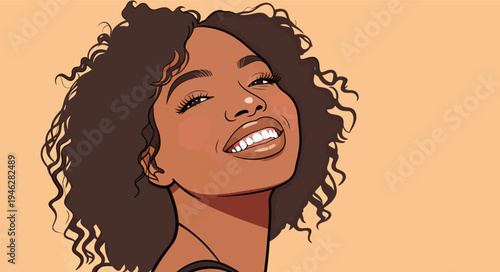A woman with curly hair smiles while looking to one side. The background is a warm color that adds to the cheerful atmosphere.