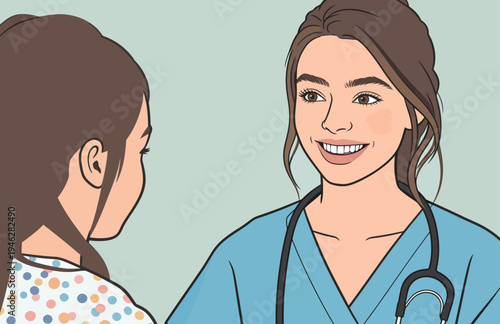 A nurse is speaking with a young girl during a check-up in a clinic. The nurse is wearing scrubs and a stethoscope.