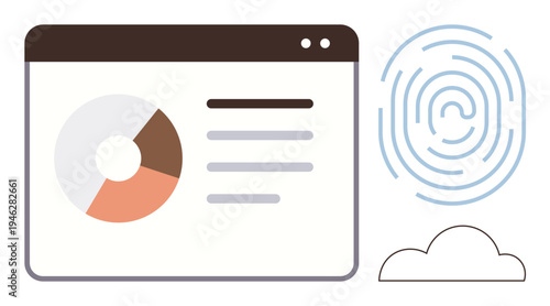 Data analysis, cloud storage, biometrics, cybersecurity, authentication, technology. A dashboard with a pie chart, fingerprint icon and cloud graphic. Data analysis and cloud storage concepts