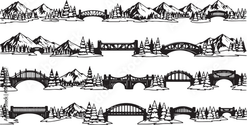 Black and white illustration of bridges and mountain ranges