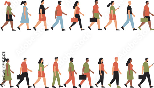 Flat vector illustration of a diverse group of people walking and commuting with smartphones and bags for urban lifestyle concepts.