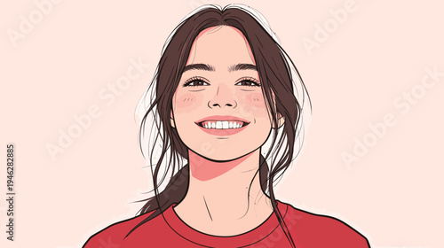 Young woman smiles widely with long hair, wearing a red shirt, creating a bright and joyful expression on her face.