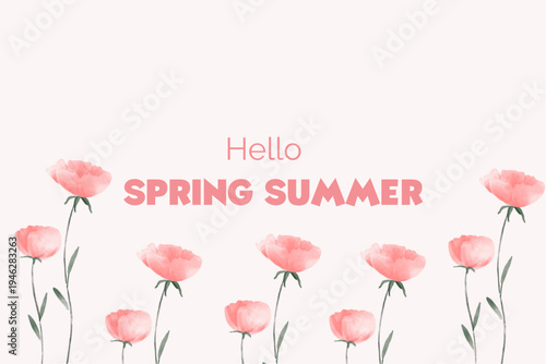 Spring floral in watercolor vector background. Luxury wallpaper design with pink flowers, line art, golden texture.
