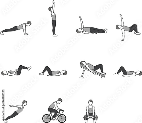 Vector illustration set of various gym exercises and fitness activities including cardio, strength training, and bodyweight workouts for health concepts