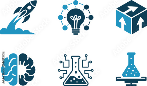 Collection of Modern Technology and Science Rocket, Lightbulb, Cube, Brain, Flasks