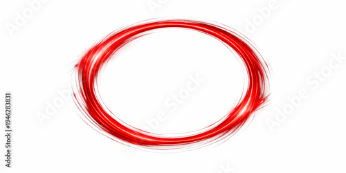 Isolated close-up of a red round frame and white abstract coil made of rubber wire and metal cable equipment forming a circular jewelry ring object with a technology connection line