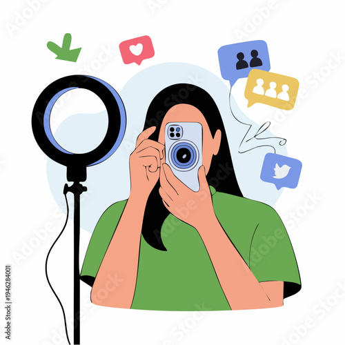 Woman taking a selfie with a ring light.