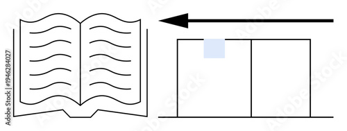 Book concept. Open book with wavy lines text and an arrow direction or page turning. Book highlights learning, reading, and knowledge. For education, publishing, content creation, learning apps