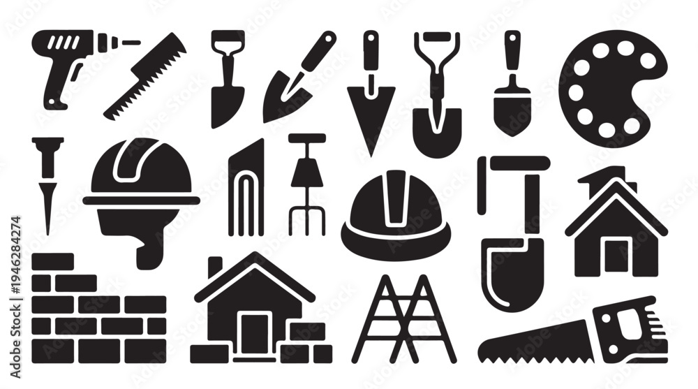 Obraz premium Building and home improvement equipment silhouette collection featuring tools and safety gear