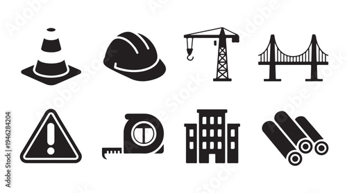 Cuadro en lienzo Construction industry flat vector icon set with traffic cone, hard hat, crane, b