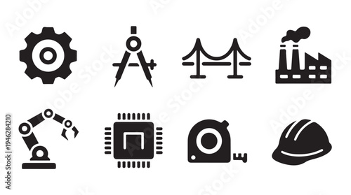 Industrial engineering flat vector icon set with cogwheel, compass, bridge, factory