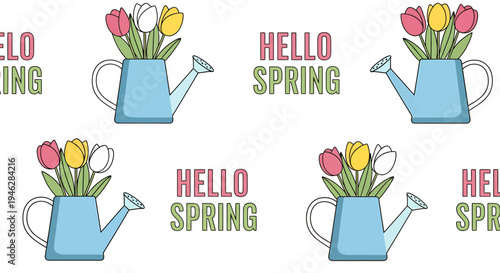 Cheerful seamless pattern celebrating the arrival of spring with colorful tulips blooming in quaint watering cans, evoking feelings of renewal and seasonal joy