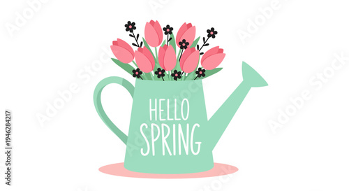 Charming vector illustration of a mint green watering can brimming with vibrant pink tulips and small delicate flowers, celebrating the joyful arrival of the spring season