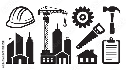 Construction site crane building tools safety equipment and house icons vector silhouette set