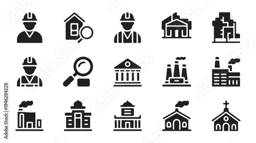 Set of construction worker and building icons with magnifier and factory silhouette
