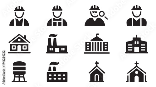 Construction worker and building icons with factory water tower and church silhouette