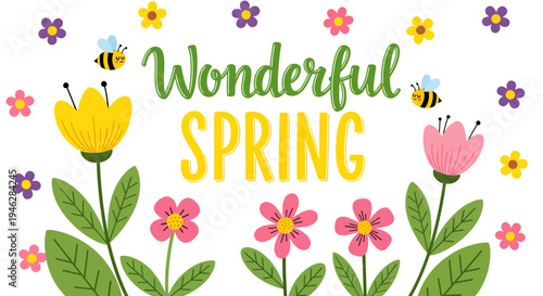 Delightful illustration capturing the essence of spring with colorful blossoms, buzzing bees, and verdant foliage, radiating joy and natural beauty