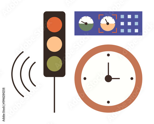 Time management, traffic control, automation, monitoring, scheduling, planning. Traffic light, clock and control panel with dials and wave icon. Time management and traffic control concept