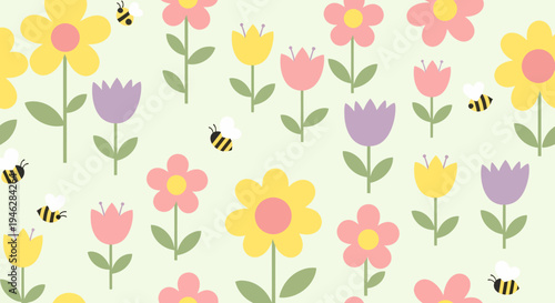 Cheerful seamless spring pattern of cute cartoon flowers (yellow, pink, purple) and buzzing bees on a light green background, ideal for joyful floral designs
