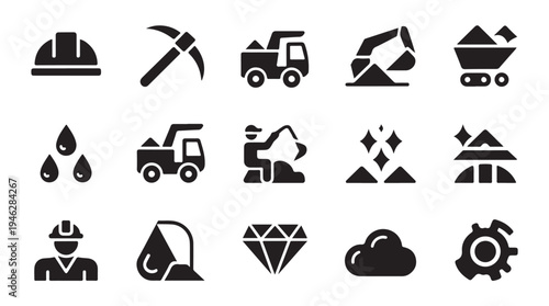 Mining industry icon set with excavation equipment heavy machinery and worker silhouette pack