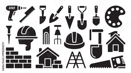 Building and home improvement equipment silhouette collection featuring tools and safety gear