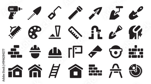 Construction and renovation tool icons with masonry equipment building supplies and hardware