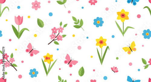Vibrant seamless spring pattern with cheerful blooming flowers, graceful butterflies, and colorful dots, conveying the refreshing joy of the season