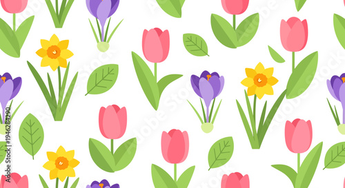 Seamless pattern of vibrant spring tulips, daffodils, and crocuses with green leaves on a clean white background, perfect for floral designs and seasonal decorations
