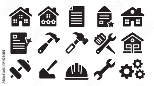 Home, rating, document, house, hammer, wrench, dumbbell, shovel, hard hat, and gears icon set