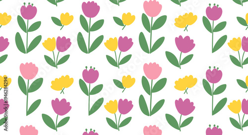 Charming Spring Floral Pattern with Stylized Tulips A delightful seamless illustration ideal for textile, decor, and digital designs